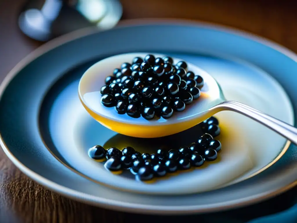 Una cuchara de madreperla brilla al servir un exquisito caviar uruguayo: degustación gourmet exclusiva en mesa lujosa