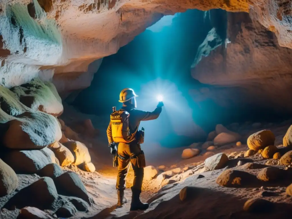 Exploración en cueva con seguro de viaje aventuras subterráneas: equipo desciende hacia cámara oculta entre estalactitas y estalagmitas