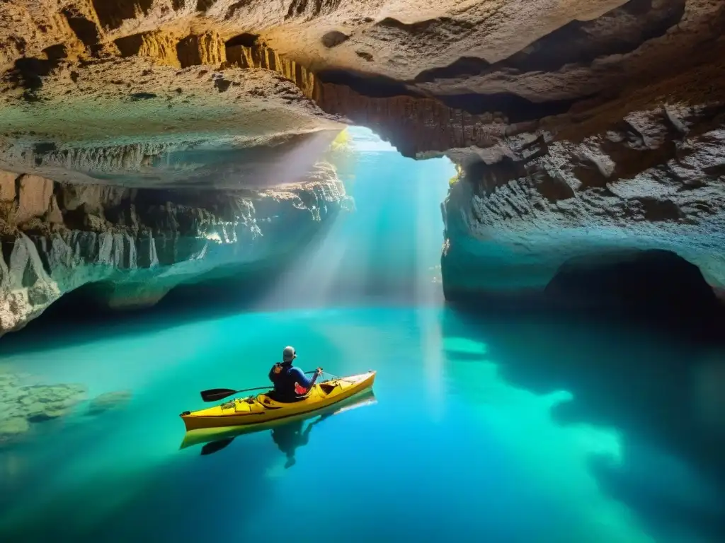 Explorando cuevas acuáticas en kayak en Uruguay: sombras danzan en las antiguas paredes de la cueva