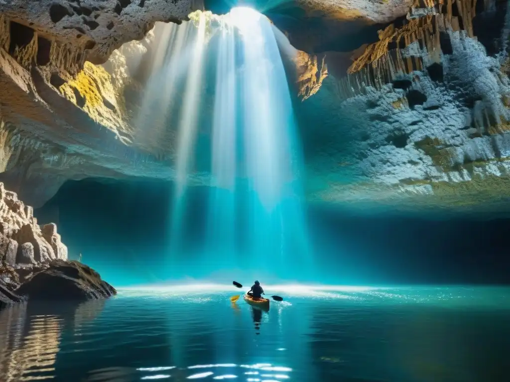 Explorando cuevas acuáticas de Uruguay en kayak, bajo la luz mágica filtrada por las rocas intrincadas