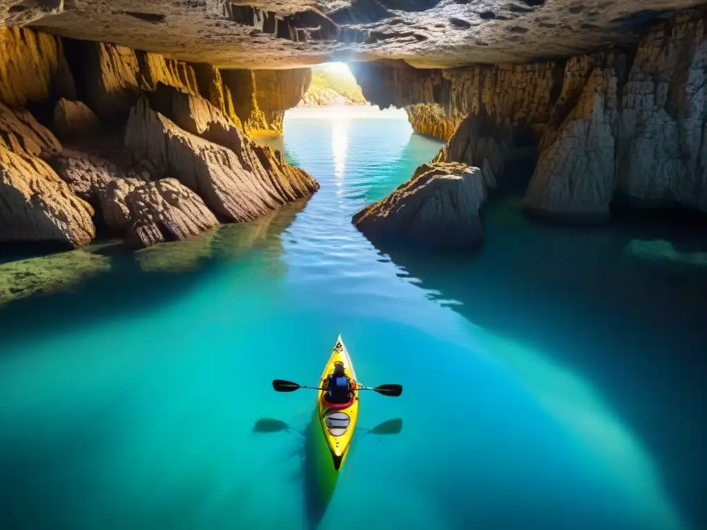 Explorando cuevas acuáticas Uruguay en kayak, luz filtrada ilumina las maravillas subterráneas