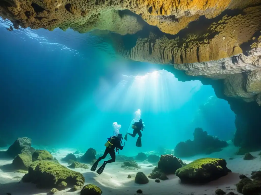 Explorando cuevas subacuáticas en Uruguay, aventura de buceadores entre formaciones rocosas y vida marina vibrante