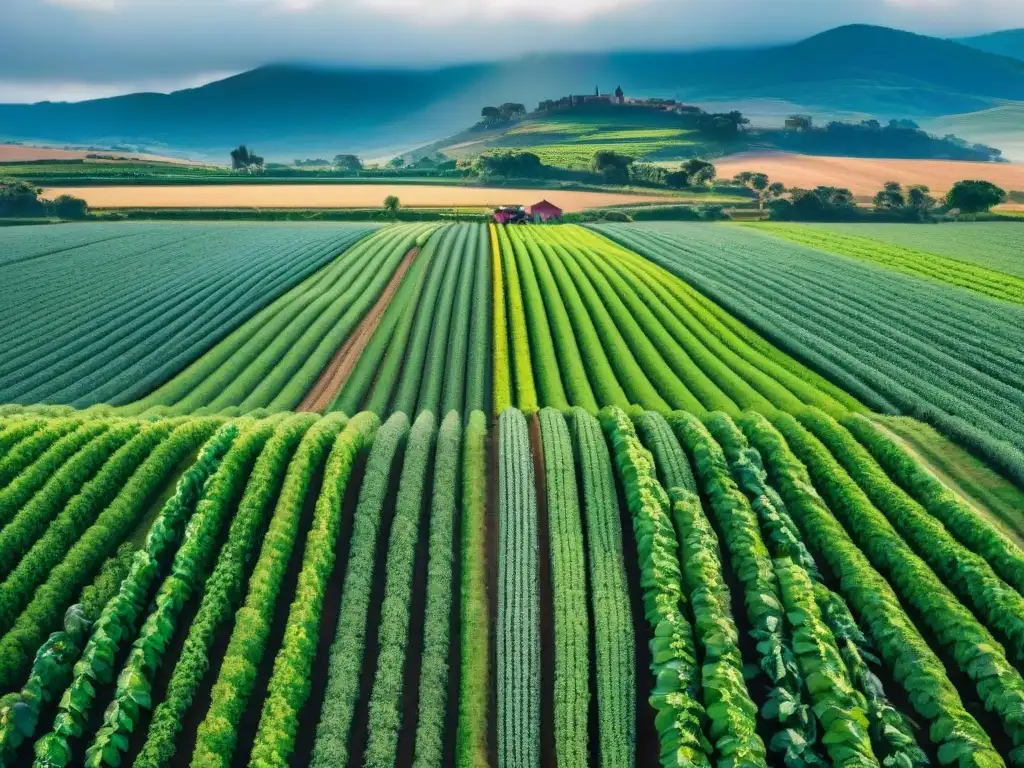 Cultivo sostenible en Uruguay: campesinos en campo verde bajo cielo azul, reflejando armonía entre personas, tierra y naturaleza