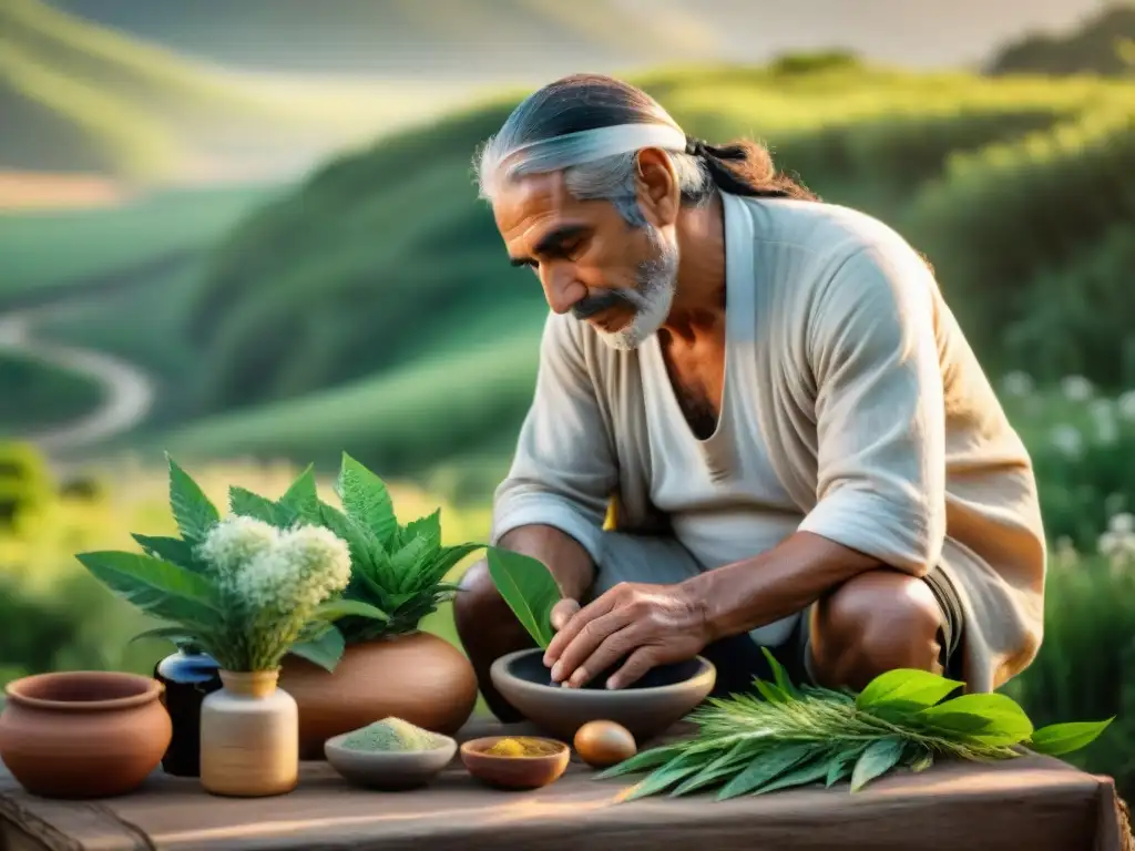 Un curandero uruguayo seleccionando plantas medicinales