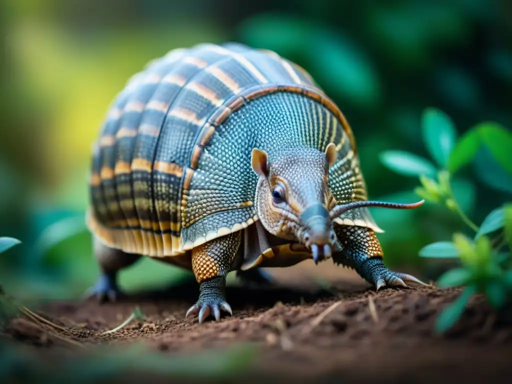 Curiosidades del armadillo en Uruguay: Armadillo explorando la exuberante vegetación, mostrando su caparazón y facciones detalladas