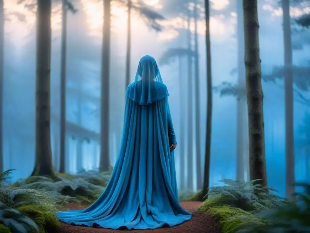 Dama de Azul mito Uruguay: Figura misteriosa en vestido azul en un bosque neblinoso al anochecer, brindando un aura de misterio y mito