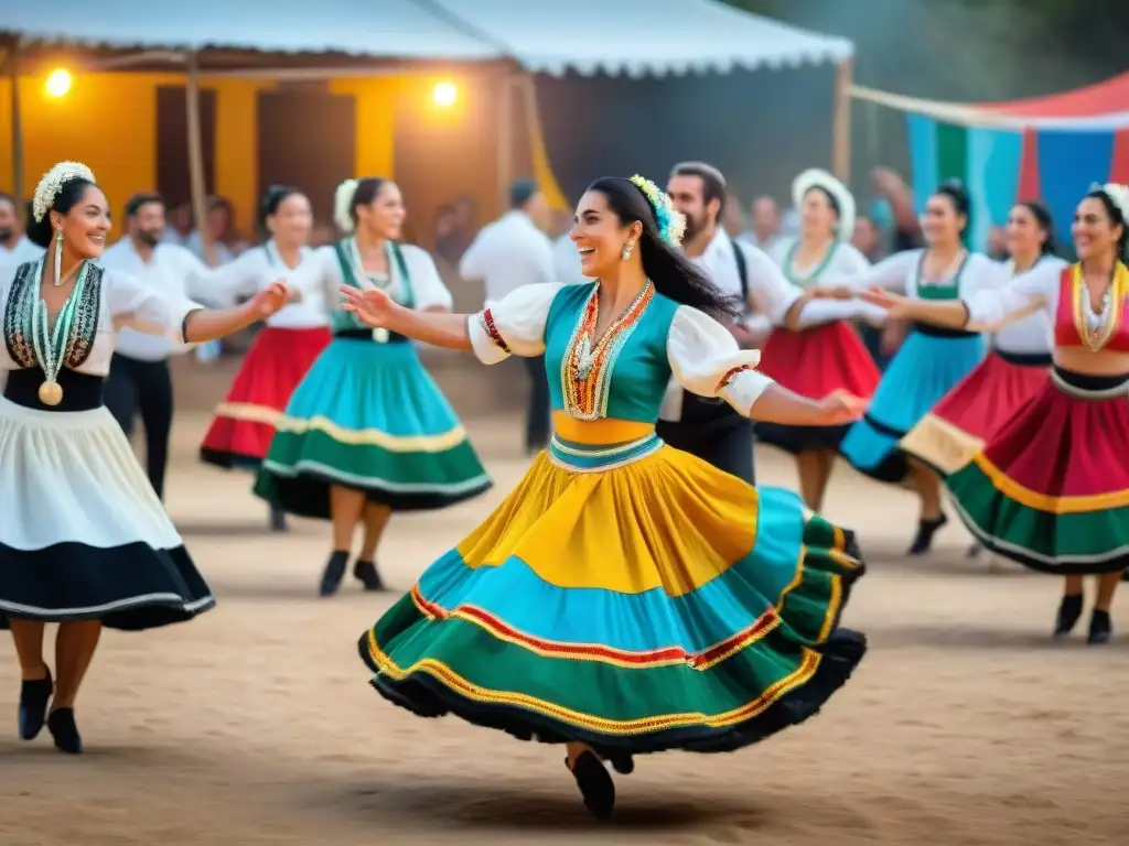 Danza folclórica uruguaya tradicional en vibrante festival al aire libre: baile de chacarera con coloridos trajes y música en directo