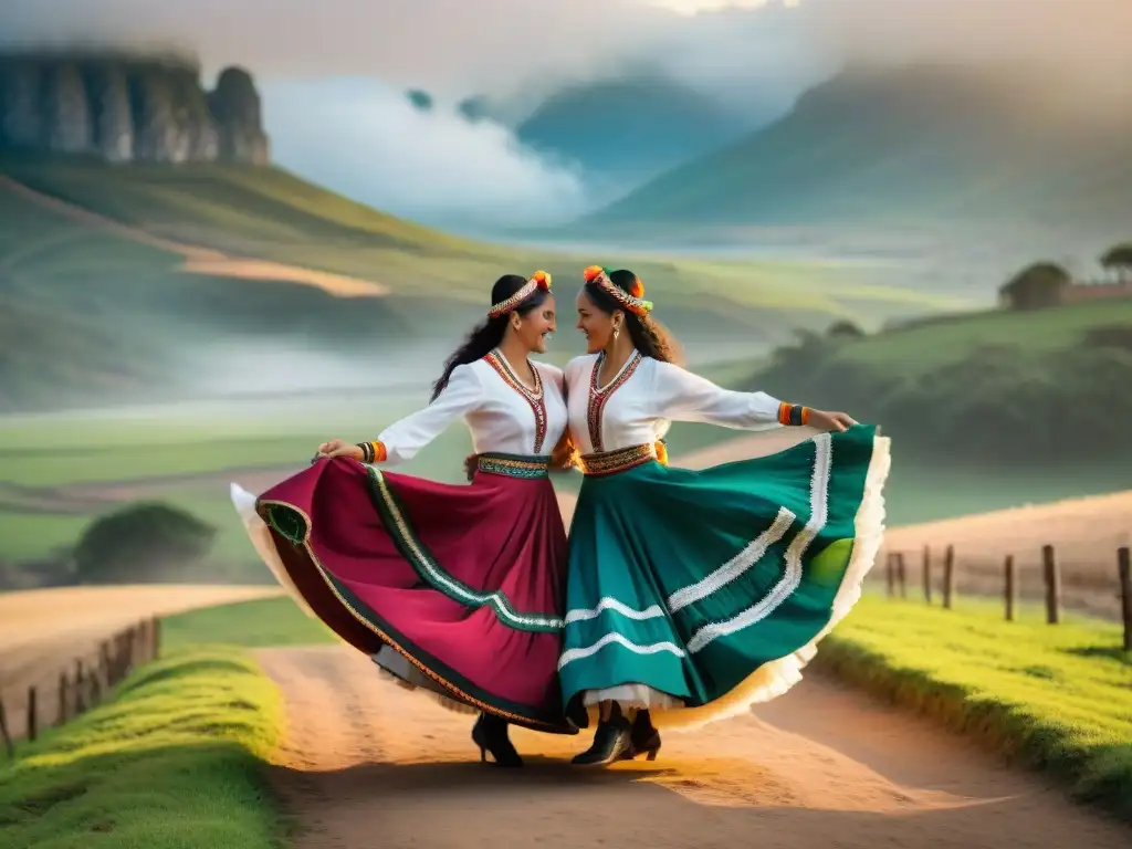 Danza folclórica uruguaya tradiciones: Grupo de bailarines en trajes tradicionales, danzando con pasión en paisaje rural