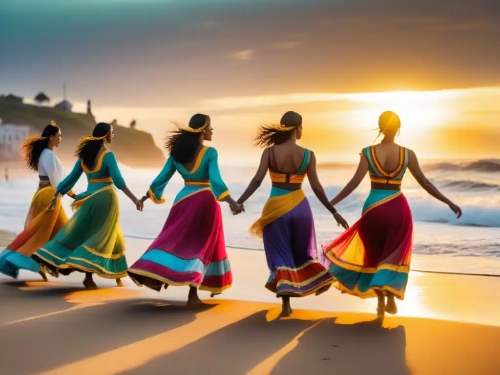 Danzas tradicionales al atardecer en la playa de Uruguay Danza en la playa de Uruguay: bailarines coloridos al atardecer, moviéndose con gracia y alegría