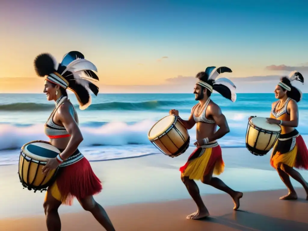 Danzas tradicionales en la costa uruguaya: ritmo, color y alegría Danza en la playa de Uruguay: Bailarines vibrantes celebrando al ritmo del candombe al atardecer, entre la comunidad y la cultura