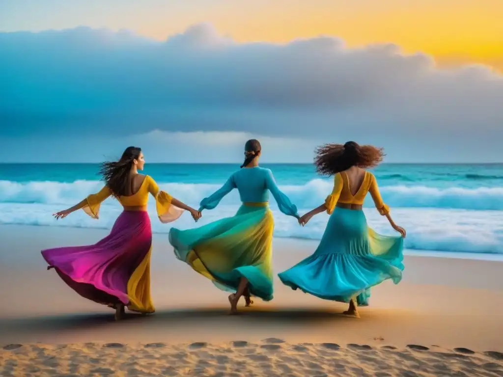 Danza vibrante en la playa de Uruguay al atardecer Danza en la playa de Uruguay: Bailarines vibrantes realizando una coreografía en la arena dorada al atardecer