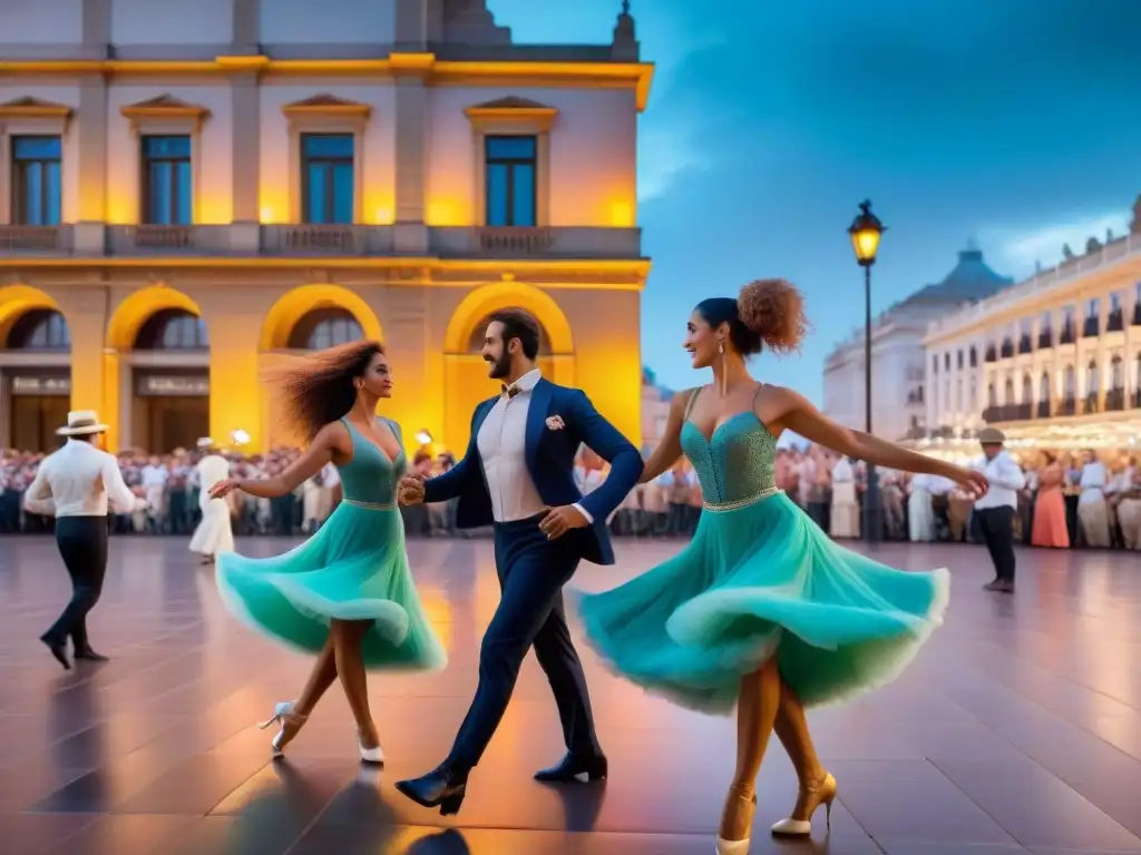 Danza tradicional en Plaza Independencia, Montevideo, con música en vivo y colores vibrantes