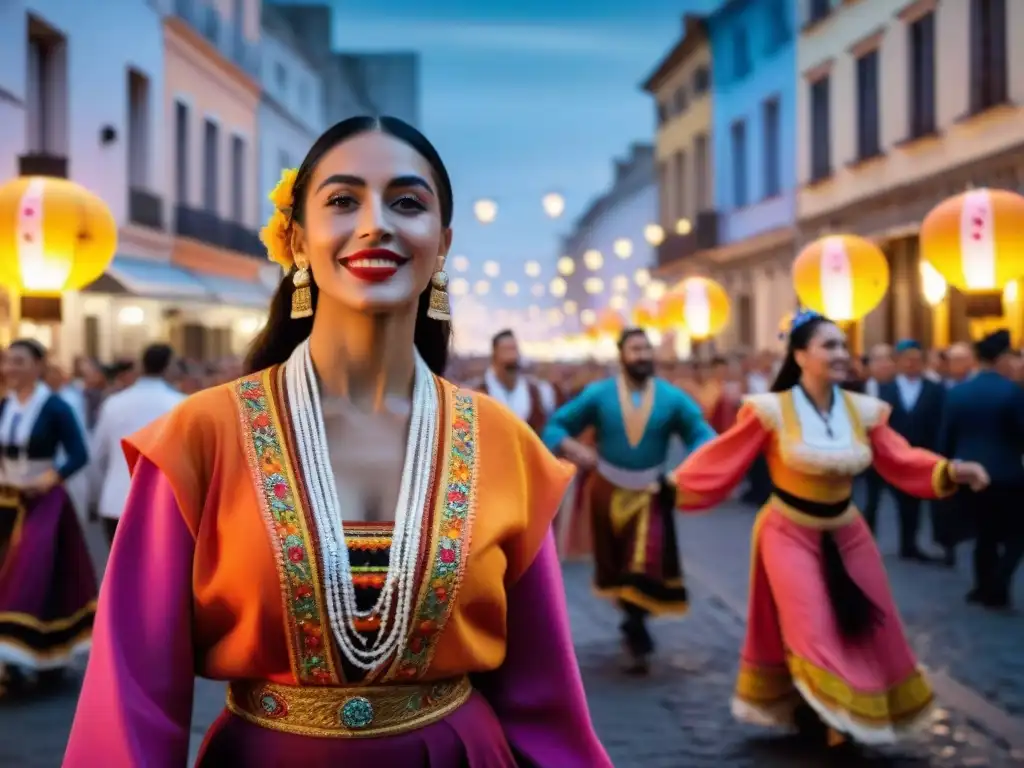 Danzarines en vibrantes trajes del Desfile de Llamadas en Uruguay, inmersos en la energía y pasión de la noche en Montevideo