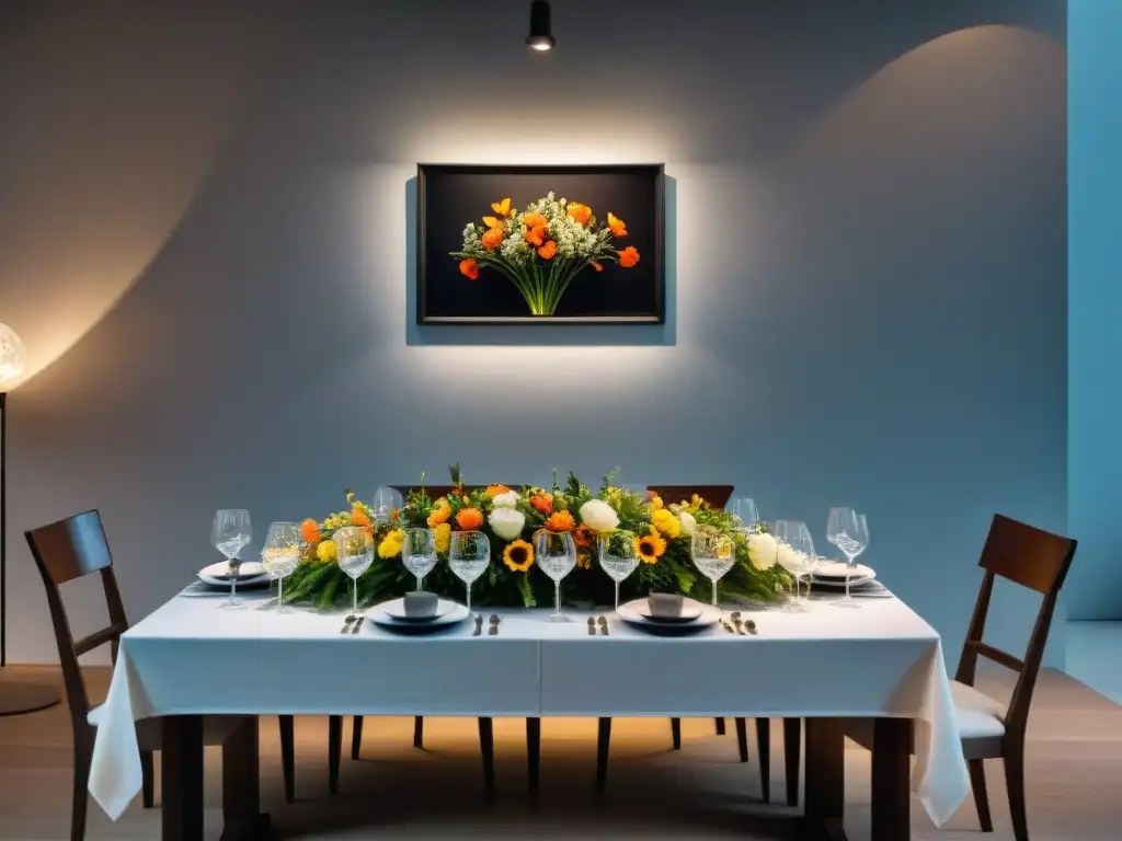 Decoración elegante en mesa de galería de arte en Uruguay para cenas exclusivas