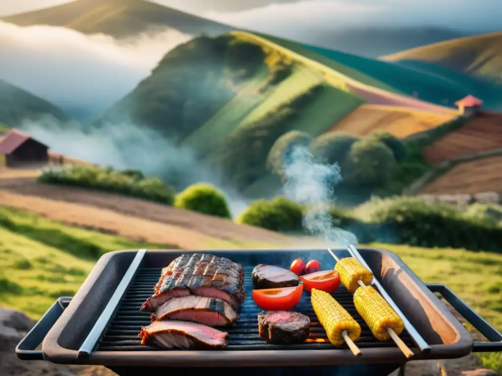 Degustaciones auténticas en Uruguay: Una escena de asado tradicional con lugareños alrededor de la parrilla en el campo uruguayo