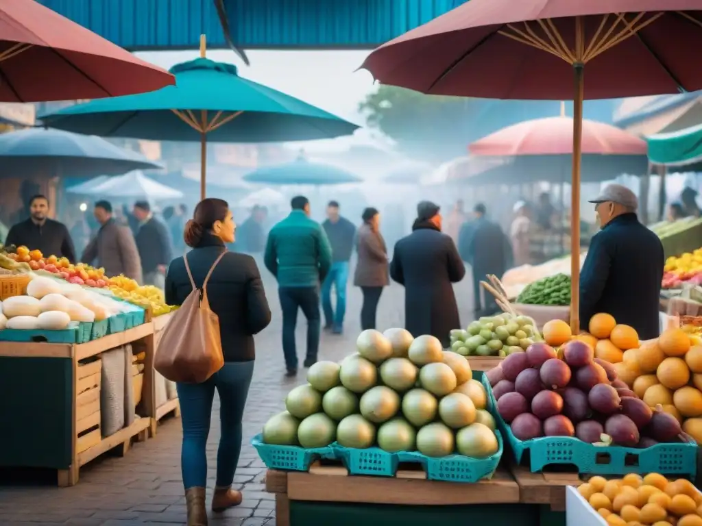 Degustaciones gratuitas en mercados Uruguay: Animado mercado al aire libre con coloridos puestos y variadas delicias locales