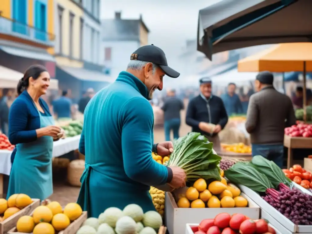 Degustaciones gratuitas en mercados de Uruguay: Colorido mercado con productos locales, clientes variados interactuando con vendedores y sonriendo