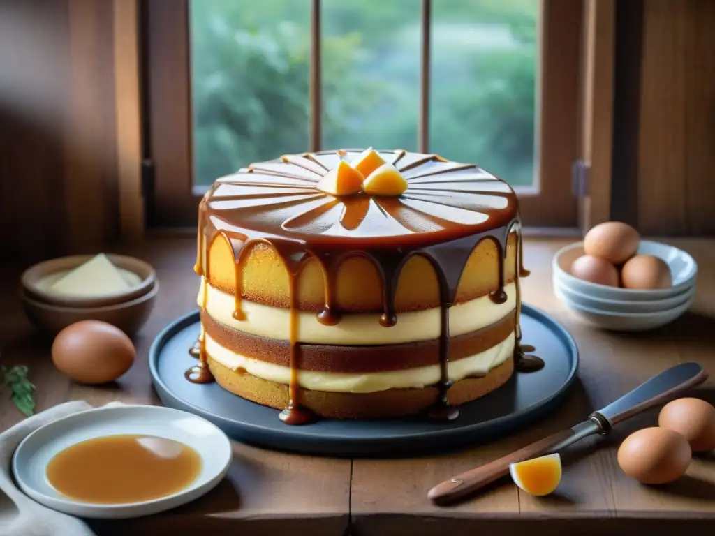 Delicada preparación de un pastel de dulce de leche uruguayo, bañado en salsa de caramelo dorado