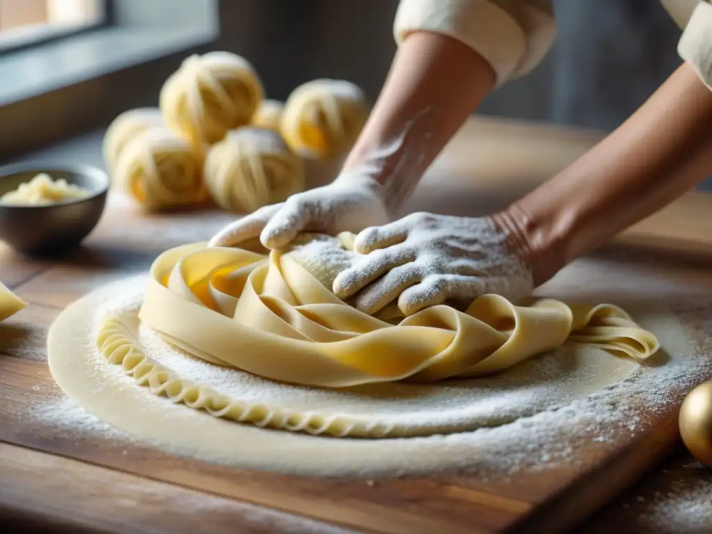 Delicadas manos expertas amasan una masa de pasta fresca en una encimera de madera