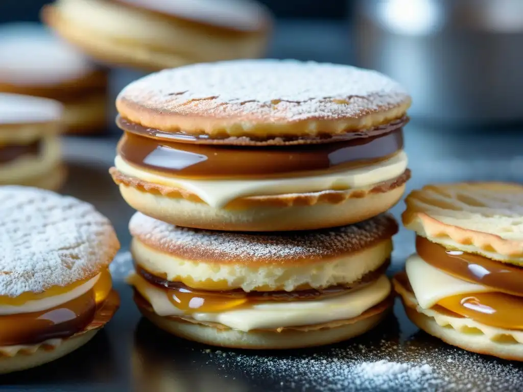 Delicado alfajor uruguayo dorado, con dulce de leche y azúcar glas