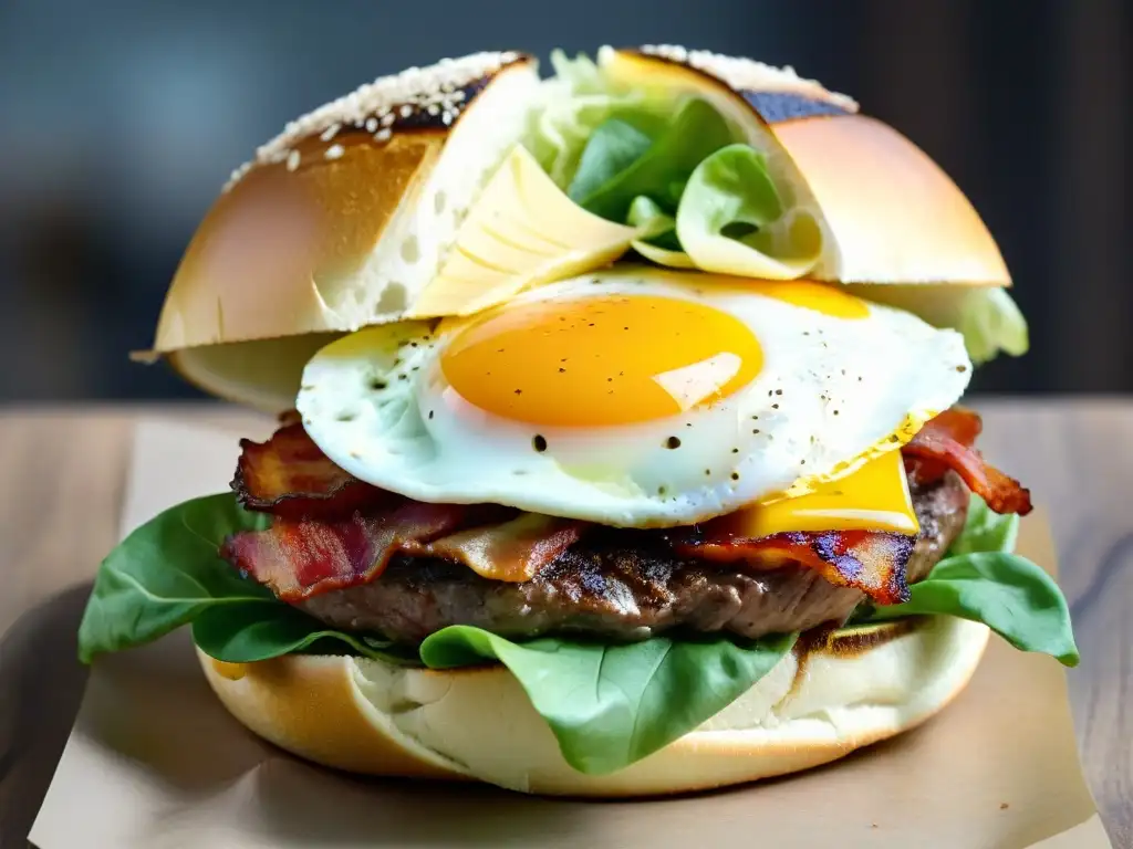 Deliciosa preparación auténtica del chivito: steak jugoso, queso derretido, bacon crujiente, huevo frito, lechuga y tomate en un suave pan tostado