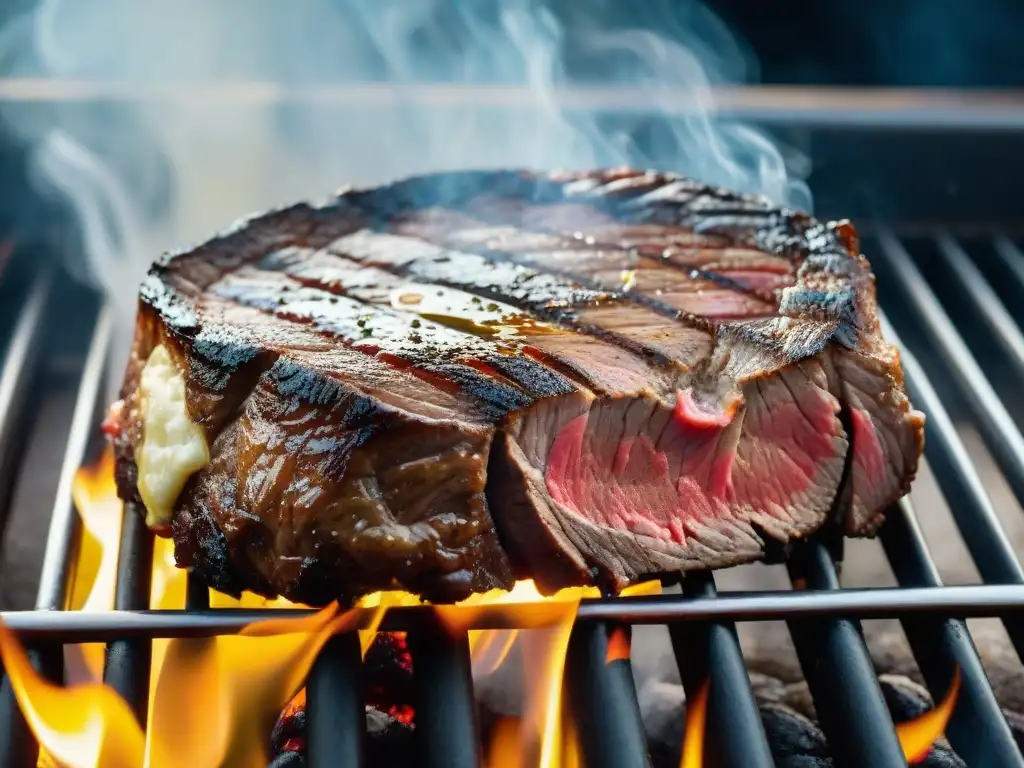 Deliciosa carne de chivito a la parrilla con fuego, jugos y condimentos uruguayos