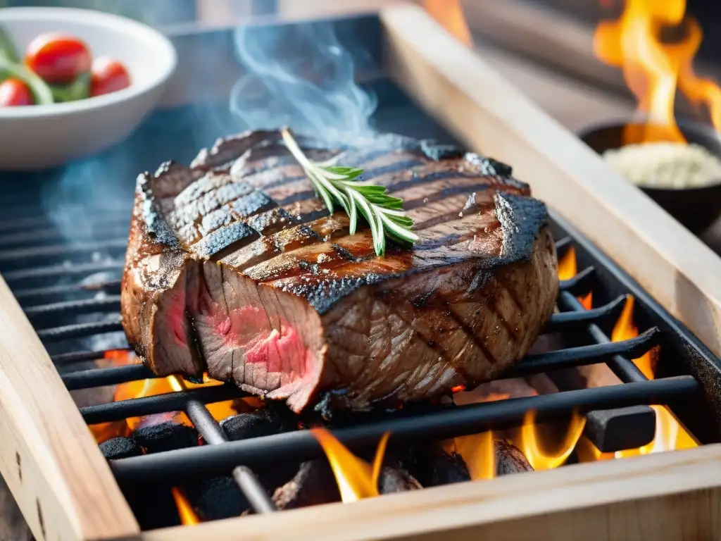 Deliciosa carne a la parrilla con hierbas frescas, humeante y con marcas de grill