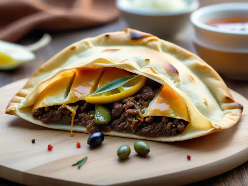 Deliciosa empanada uruguaya dorada y sabrosa con carne, aceitunas, huevo y especias aromáticas