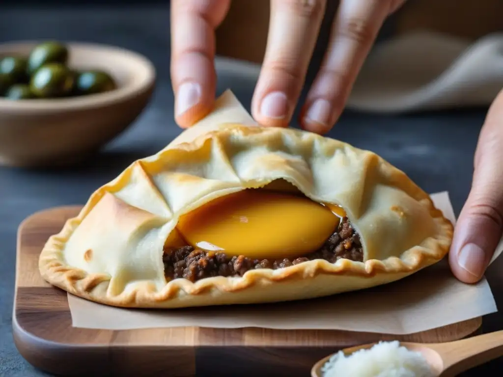 Deliciosa empanada uruguaya recién horneada, con detalles y colores dorados, perfecta para ocasiones especiales