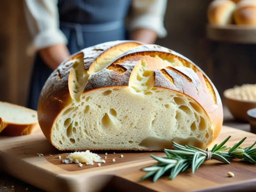 Deliciosa hogaza de pan artesanal uruguayo en panadería de alta gama, con corteza dorada y miga esponjosa