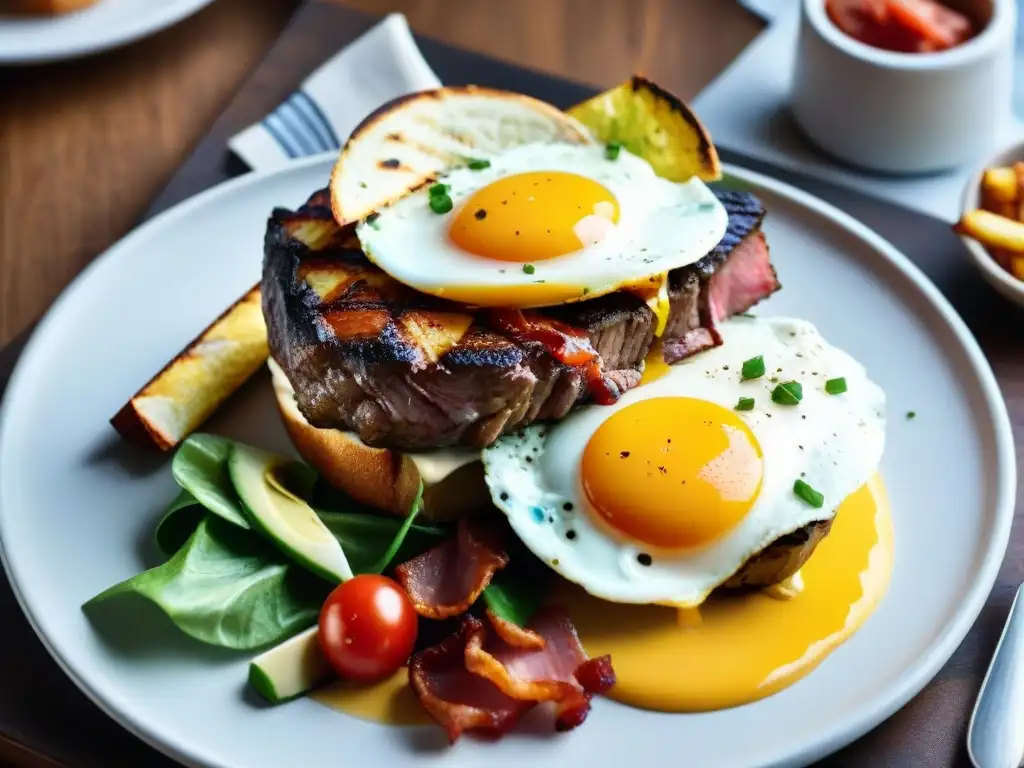 Una deliciosa imagen detallada de un suculento Chivito al plato, resaltando sus vibrantes colores y texturas