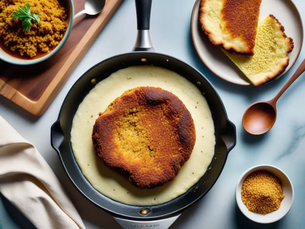 Deliciosa milanesa a la uruguaya recién empanada en sartén, con un corte jugoso y tierno asomando