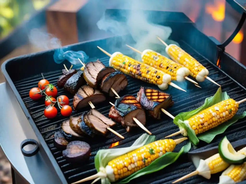 Deliciosa parrillada uruguaya con platos vegetarianos típicos Uruguay, colores vibrantes y tentadora comida a la parrilla