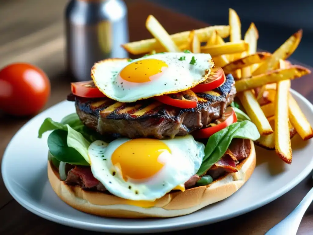 Deliciosa vista detallada de un chivito al plato, con ingredientes frescos y coloridos