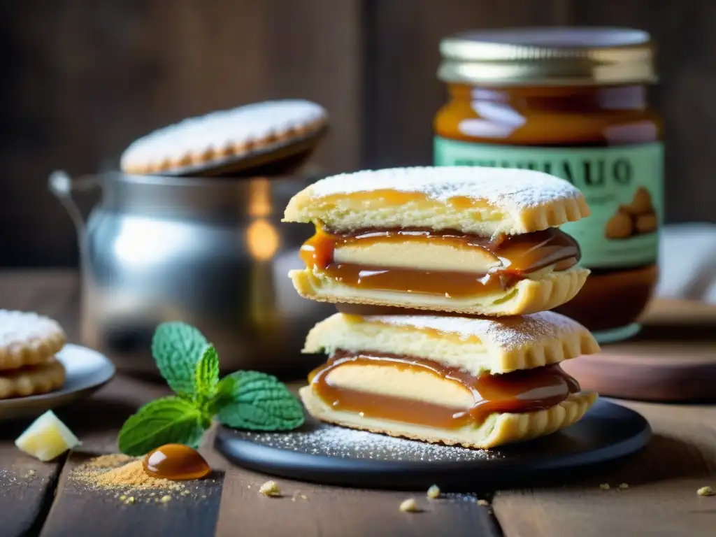 Delicioso alfajor uruguayo con capas de dulce de leche, rodeado de detalles artesanales