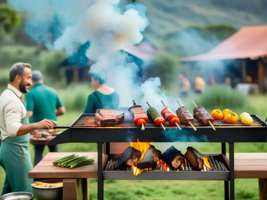 Delicioso asado al aire libre en un ecolodge uruguayo, destacando la gastronomía local