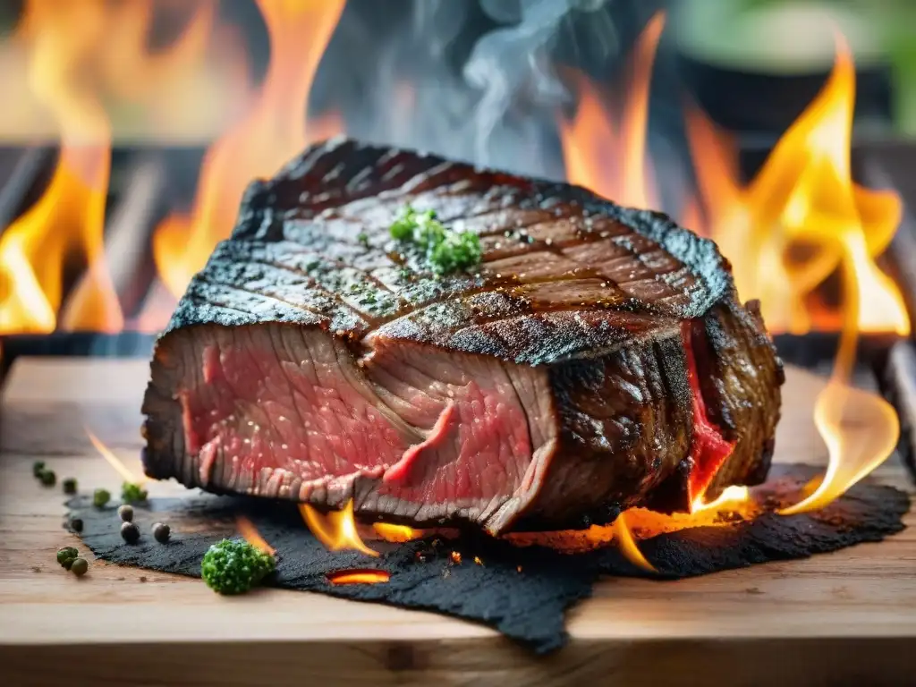 Delicioso asado de lujo en Uruguay: jugoso Wagyu a la parrilla con chimichurri y vino, bajo luces nocturnas