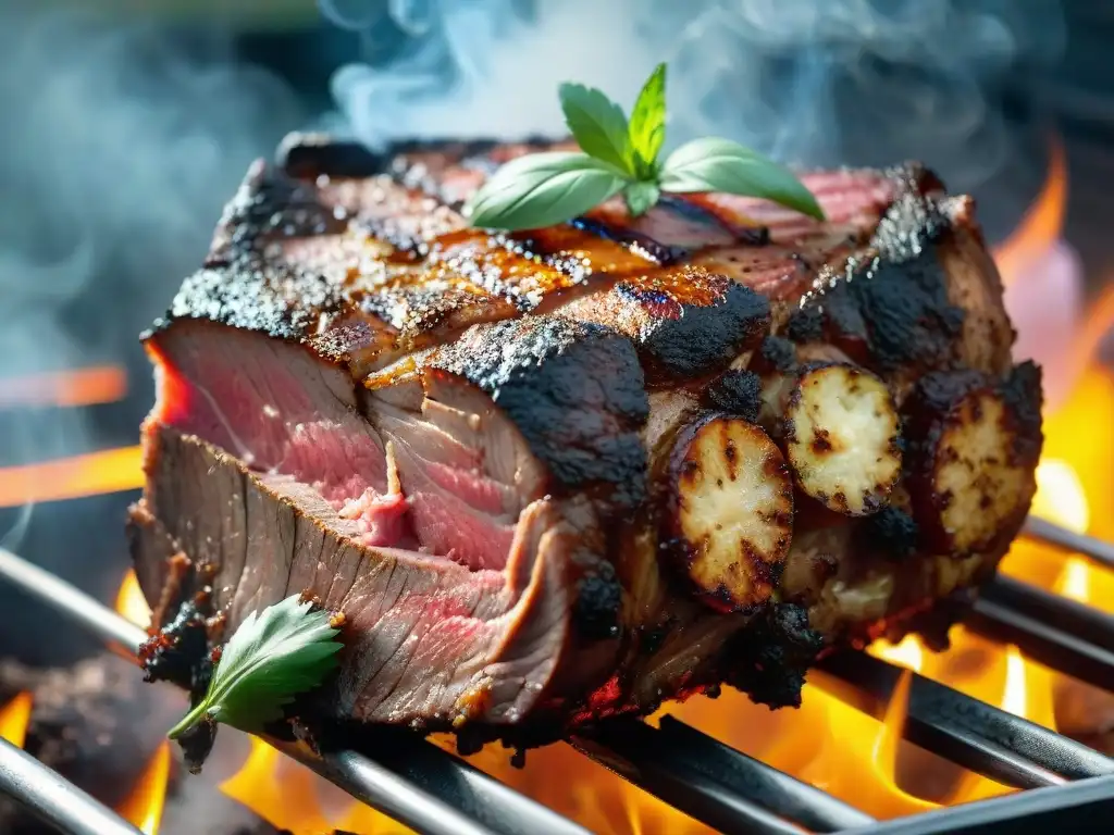 Delicioso asado uruguayo con carne dorada, jugosa y salpicada de hierbas frescas, capturando la esencia de la Ruta del asado en Uruguay