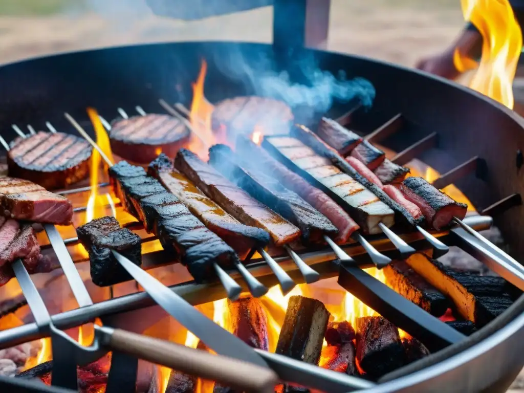 Delicioso asado uruguayo cocinándose a la parrilla de leña, sabores secretos de Uruguay