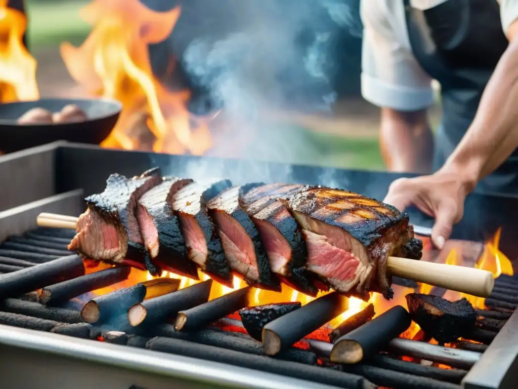 Delicioso asado uruguayo preparado con maestría en parrilla rústica, con cortes suculentos sobre brasas