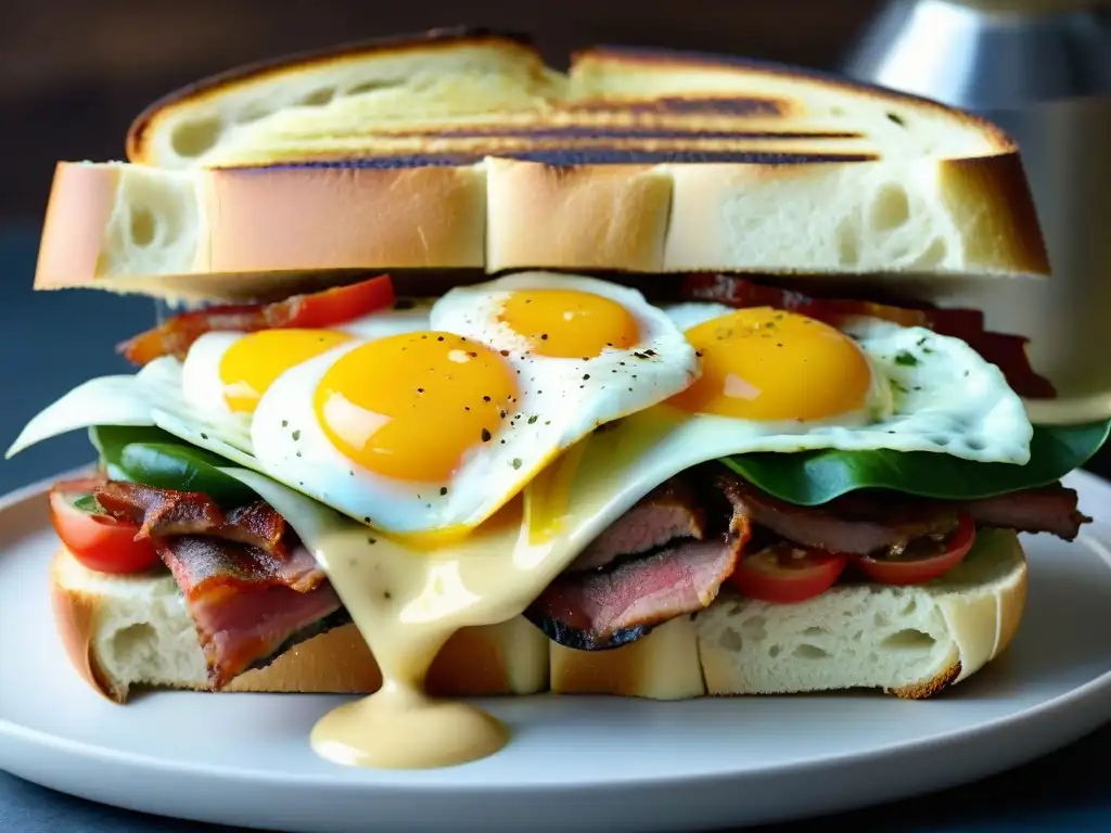 Delicioso Chivito al plato receta auténtica con jugosas capas de carne, bacon crujiente y queso derretido en pan tostado