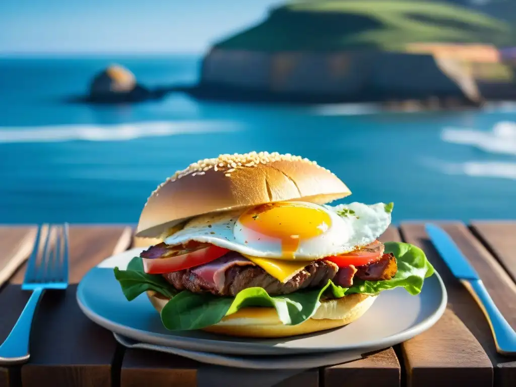 Delicioso chivito uruguayo en un entorno lujoso con vista al mar en Punta del Este