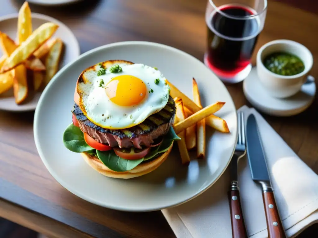 Delicioso chivito uruguayo en una mesa rústica, con vino tannat y chimichurri