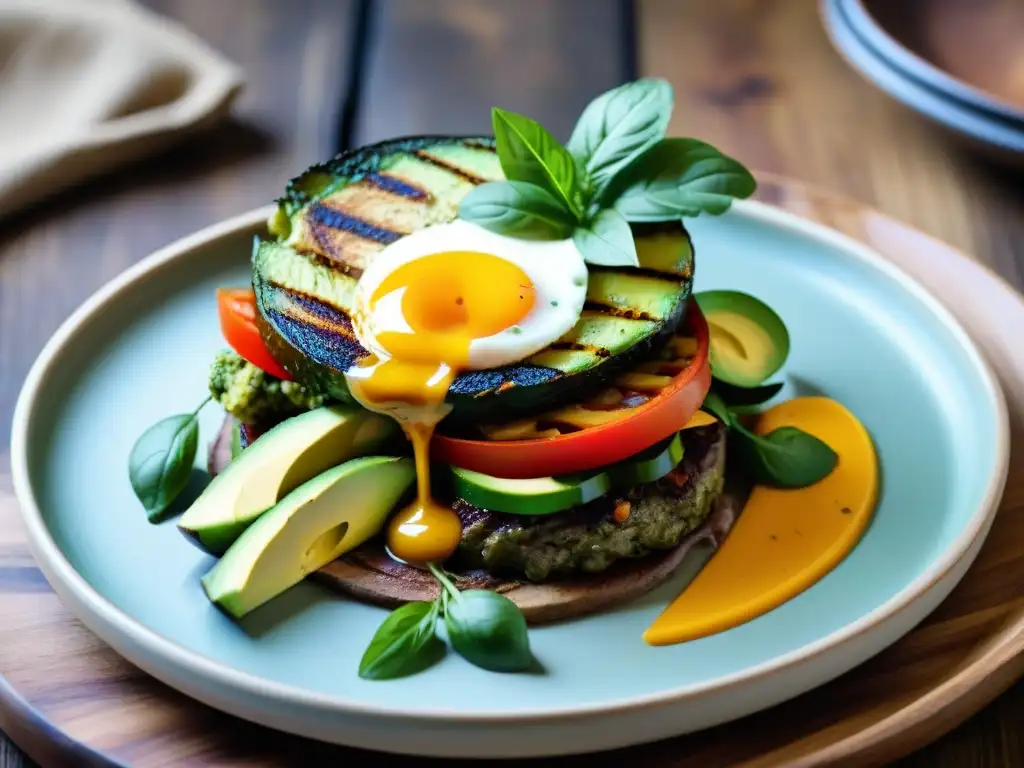 Delicioso Chivito Vegetariano uruguayo en un plato colorido sobre mesa de madera