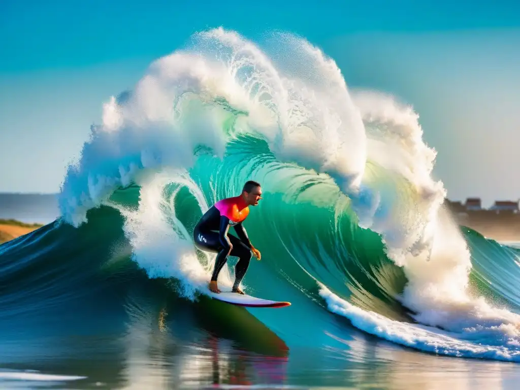 Fotografiando deportes acuáticos en Uruguay: Surfista cortando una ola en Punta del Este, con detalle y color