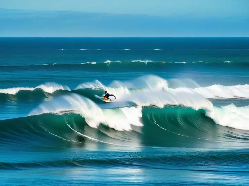 Fotografiando deportes acuáticos en Uruguay: Surfistas desafiantes surcan olas en Punta del Este, en un escenario dramático bajo el sol brillante