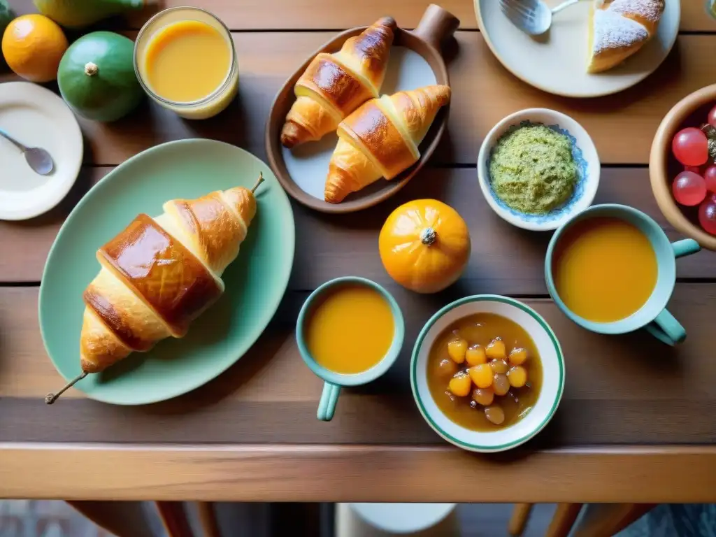 Un desayuno tradicional uruguayo en Montevideo: medialunas, dulce de leche, mate, jugo de naranja y frutas locales bajo la cálida luz matutina