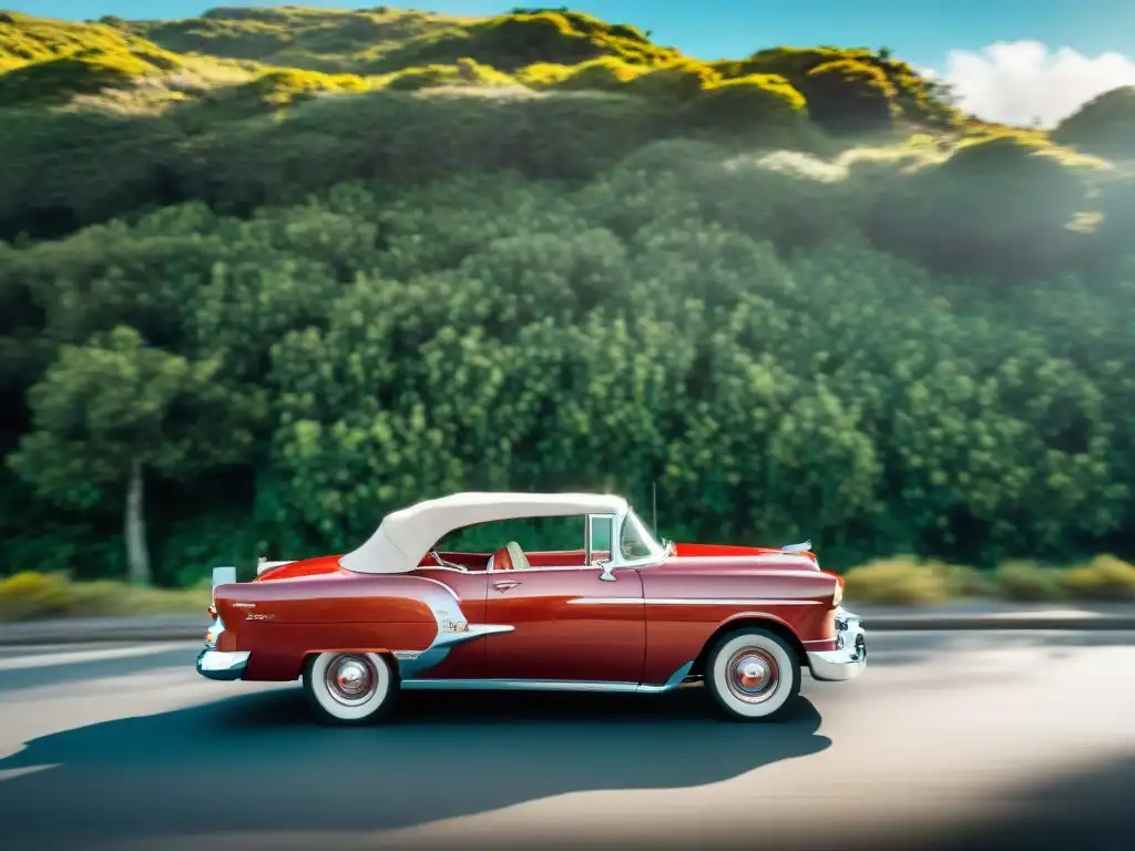 Un Chevrolet Bel Air descapotable de los años 50 brilla bajo el sol en una carretera costera de Uruguay