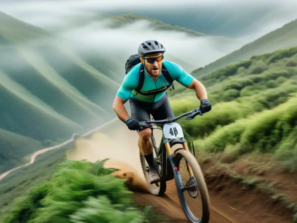 Descenso en bicicleta de montaña en Uruguay: Bikers descienden por emocionante sendero entre montañas verdes