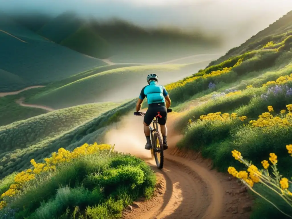 Descenso en bicicleta de montaña en Uruguay: rider en salto en sendero empinado rodeado de naturaleza exuberante y flores silvestres vibrantes